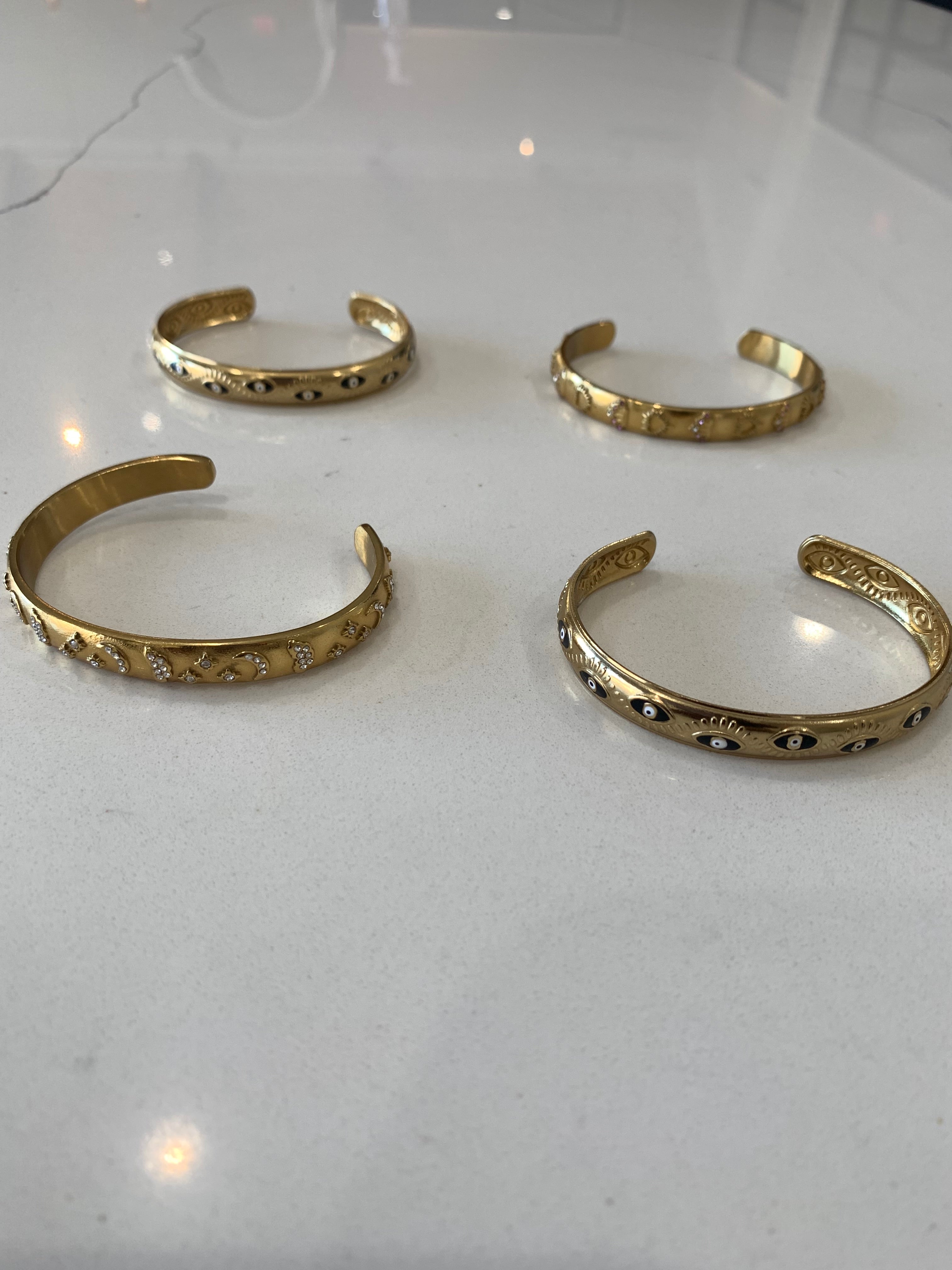 Black Evil Eye Cuff Gold Plated Steel Bangle