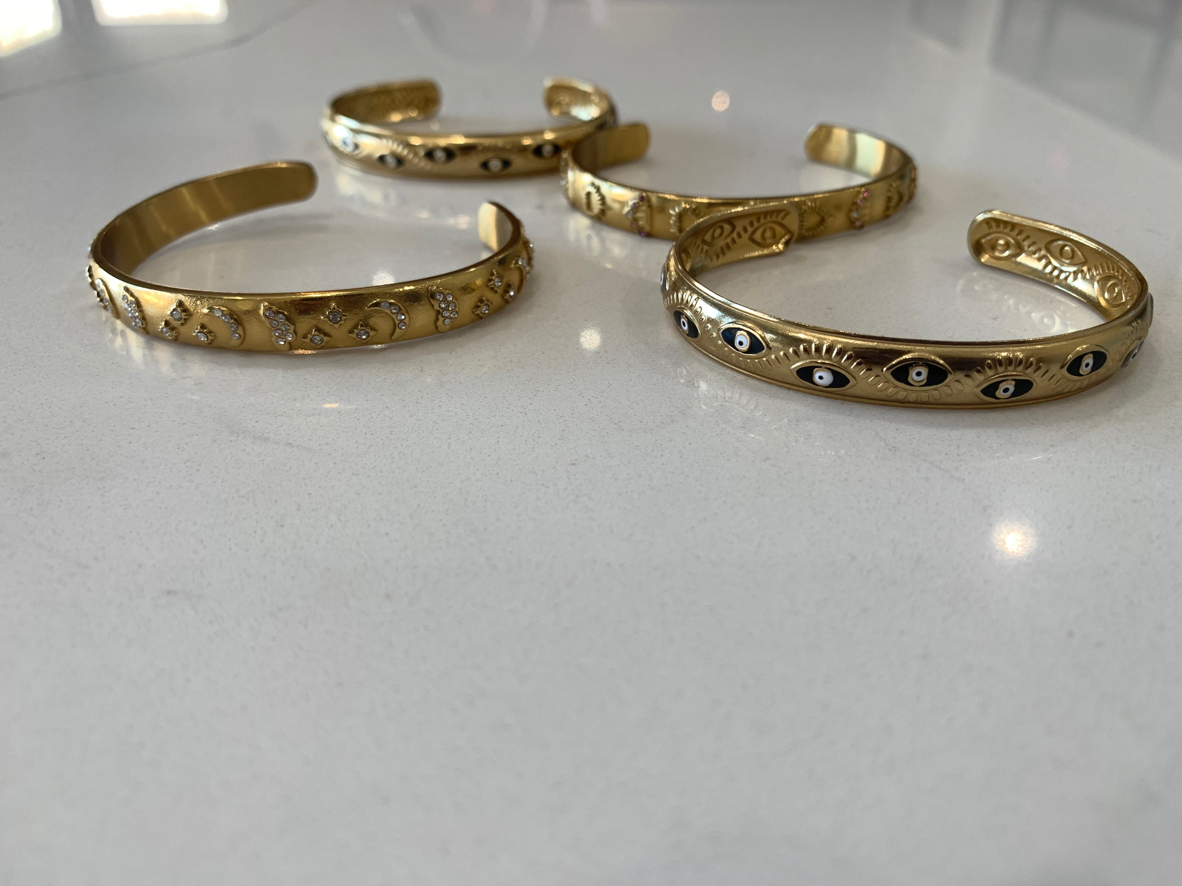 Black Evil Eye Cuff Gold Plated Steel Bangle