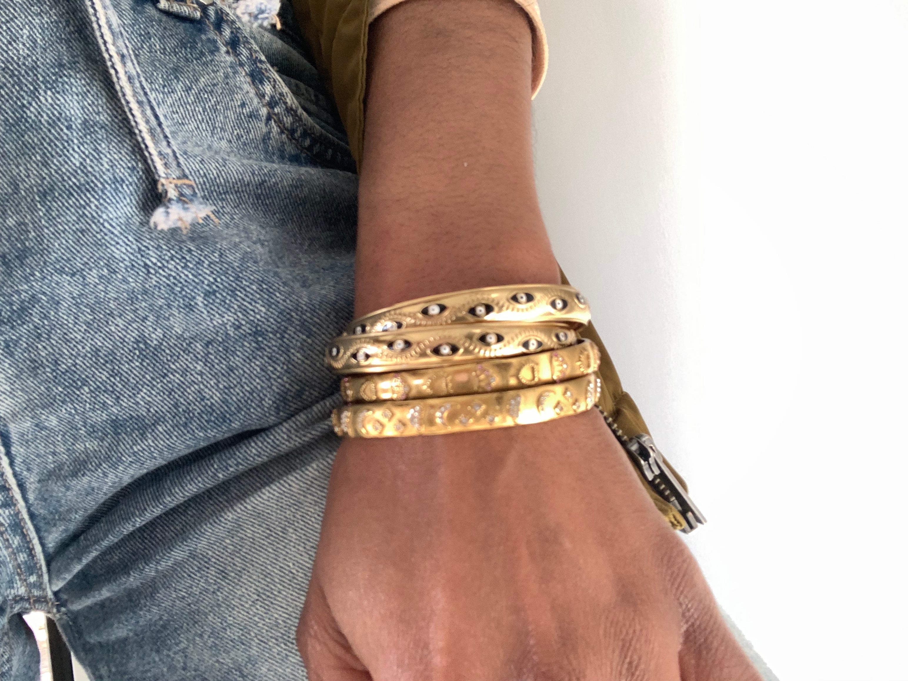 Black Evil Eye Cuff Gold Plated Steel Bangle