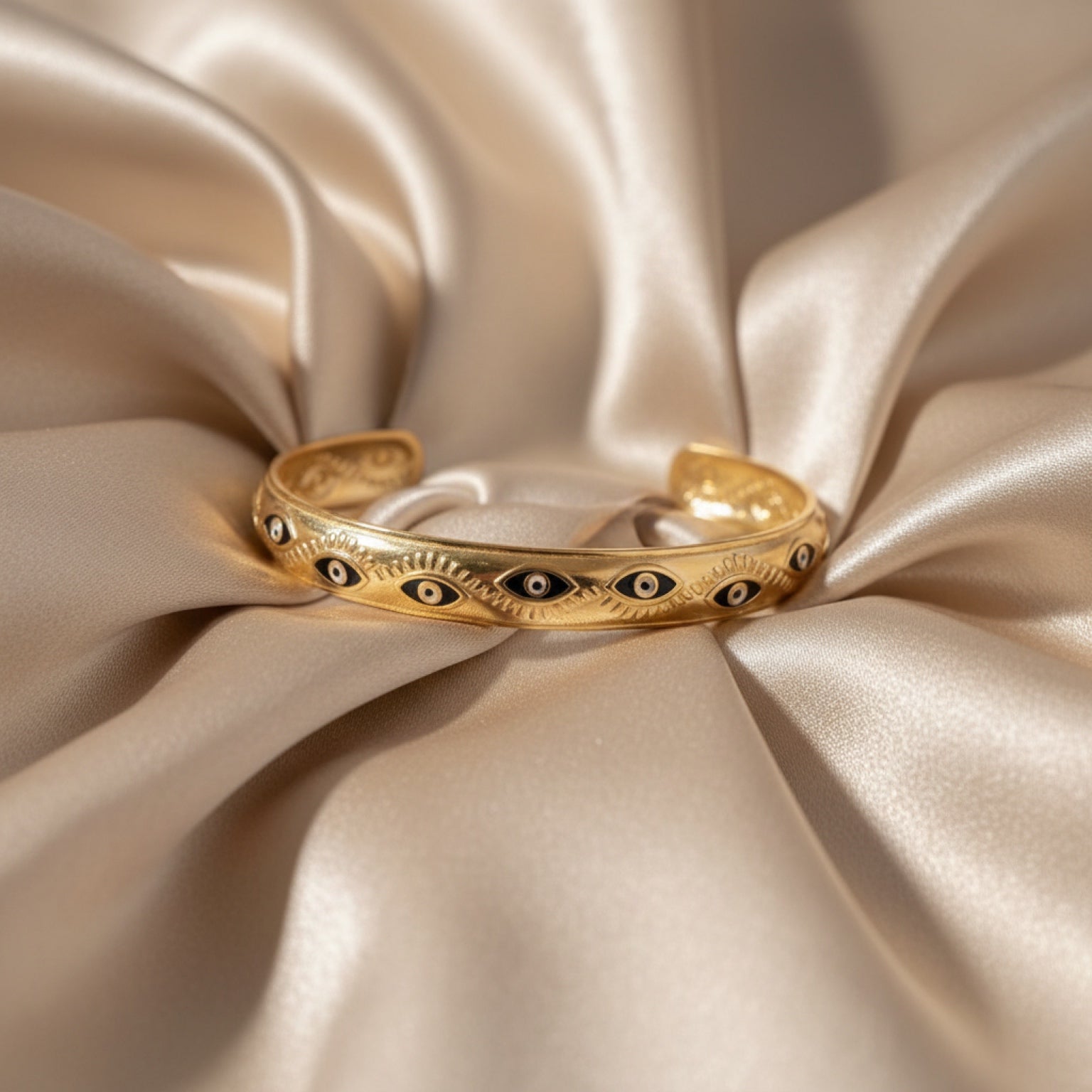 Black Evil Eye Cuff Gold Plated Steel Bangle